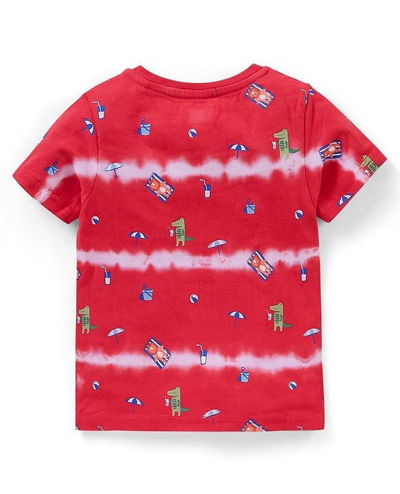 Babyhug Cotton Half Sleeves T-Shirt With Tie Dye & Dino Print- Red