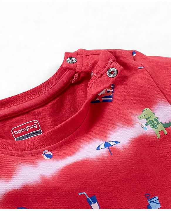 Babyhug Cotton Half Sleeves T-Shirt With Tie Dye & Dino Print- Red