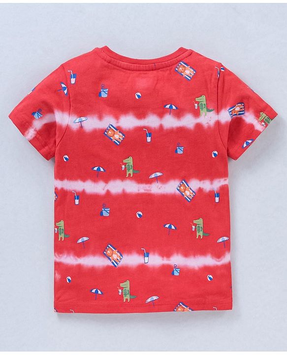 Babyhug Cotton Half Sleeves T-Shirt With Tie Dye & Dino Print- Red