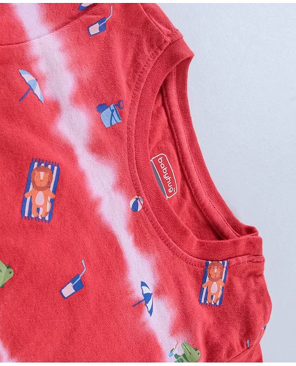Babyhug Cotton Half Sleeves T-Shirt With Tie Dye & Dino Print- Red