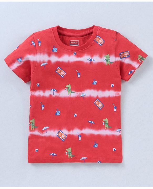 Babyhug Cotton Half Sleeves T-Shirt With Tie Dye & Dino Print- Red