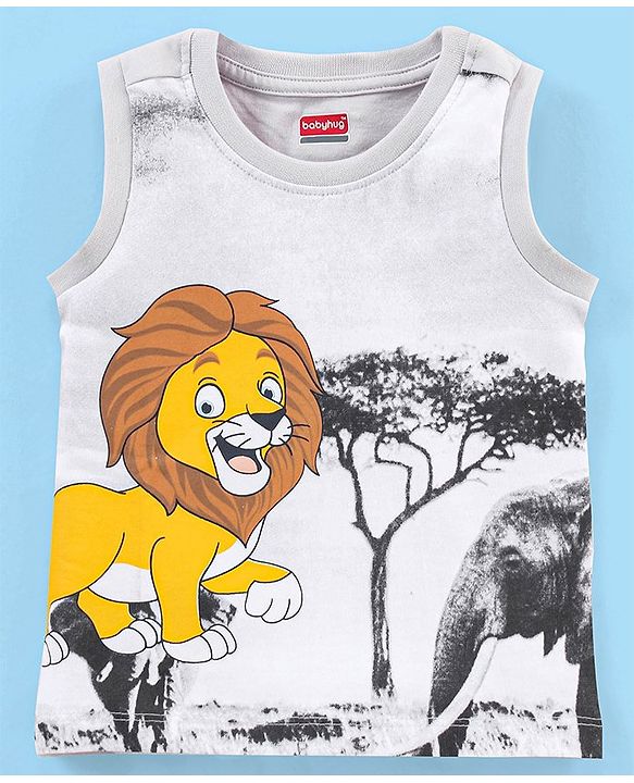 Babyhug Cotton Sleeveless T-Shirt Lion Print- White & Black