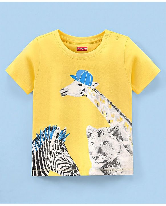 Babyhug Cotton Half Sleeves T-Shirt Wild Animal Print - Yellow