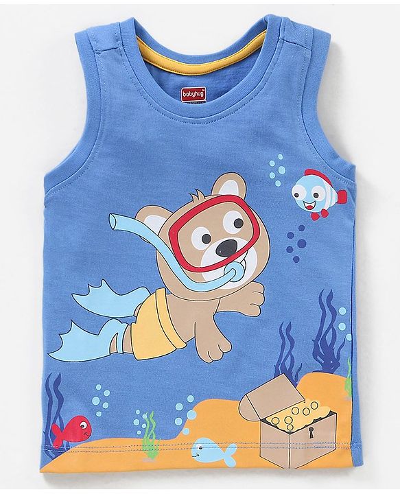 Babyhug Cotton Knit Sleeveless T-Shirt Underwater Teddy Print - Blue