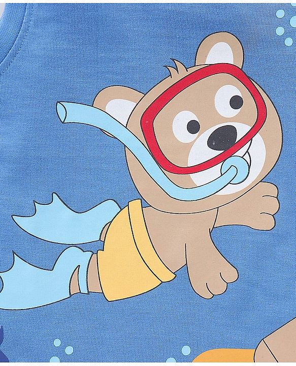 Babyhug Cotton Knit Sleeveless T-Shirt Underwater Teddy Print - Blue