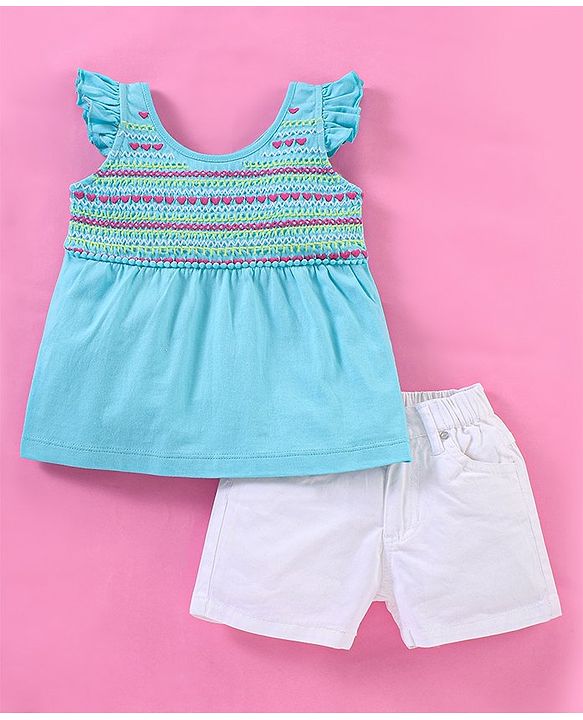 Babyhug 100% Cotton Sleeveless Top and Shorts Set Embroidered - Aqua Blue & White