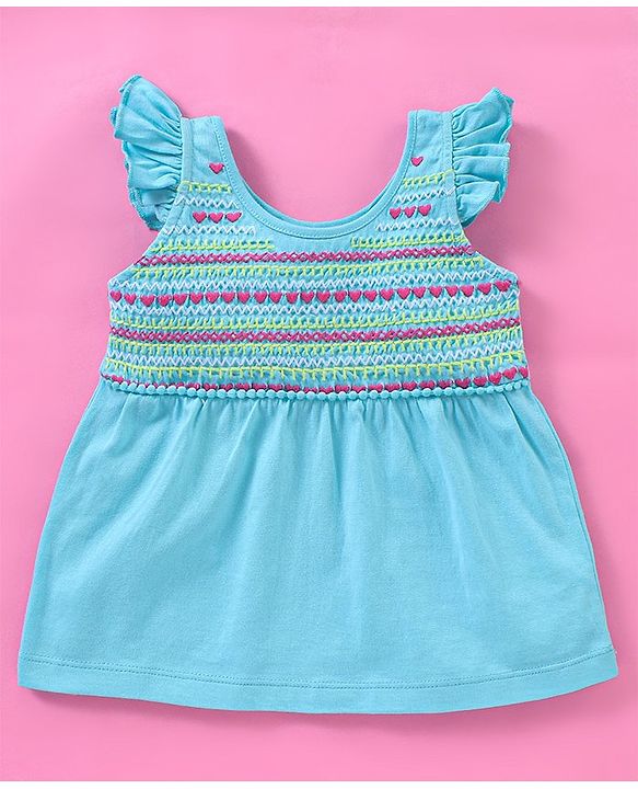 Babyhug 100% Cotton Sleeveless Top and Shorts Set Embroidered - Aqua Blue & White