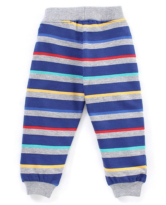 Babyhug Cotton Full Length Lounge Pant Stripes & Number Print Pack of 2- Blue & Grey