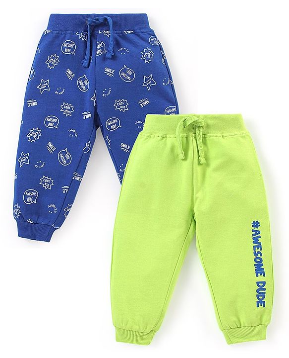 Babyhug Cotton Full Length Text Print Lounge Pants Pack of 2 - Blue & Lime