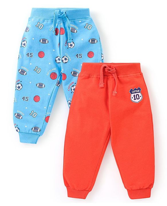 Babyhug Cotton Full Length Football Print Lounge Pants Pack of 2 - Blue & Red
