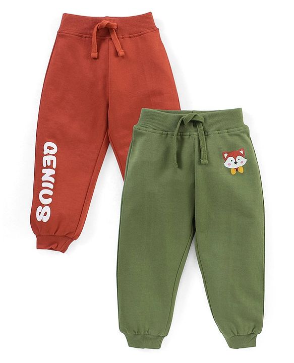 Babyhug Cotton Looper Knit Full Length Lounge Pants Pack of 2 Text Print - Green & Maroon