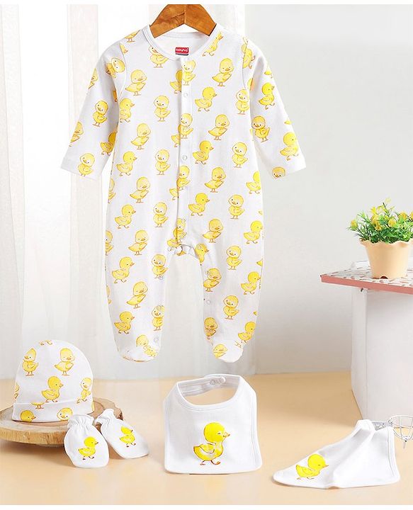 Babyhug 100 % Cotton Baby Clothing Gift Sets Pack of 5 - White & Yellow