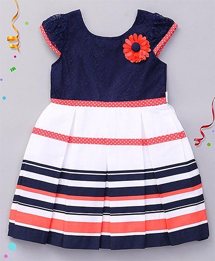 Babyhug Short Sleeves Frock Flower Applique - Navy White