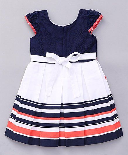 Babyhug Short Sleeves Frock Flower Applique - Navy White