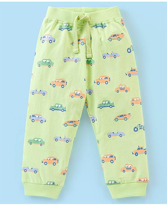 Babyhug Cotton Full Length Lounge Pant Car Print- Lime