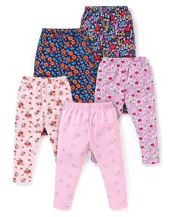 Babyhug Cotton Lycra Knit Full Length Leggings Pack of 5 - Pink & Navy