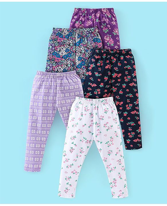Babyhug Cotton Lycra Knit Full Length Leggings Pack of 5 - Black White & Purple