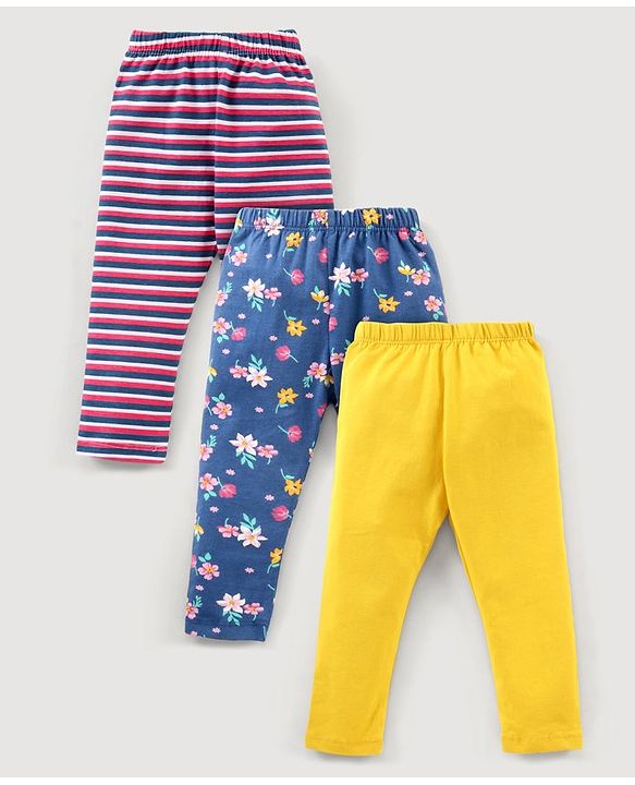 Babyhug Cotton Knit Full Length Leggings Floral Printed Pack of 3 - Yellow Blue & Red