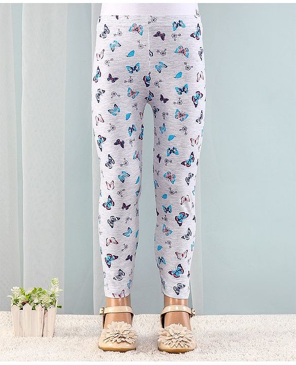 Babyhug Cotton Lycra Full Length Butterfly Printed Leggings - Grey