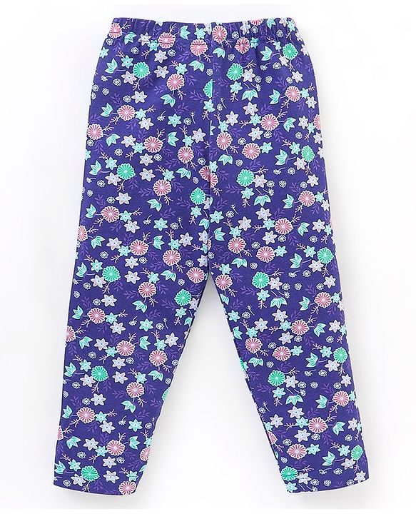 Babyhug Cotton Lycra Full Length Floral Printed Leggings - Navy Blue