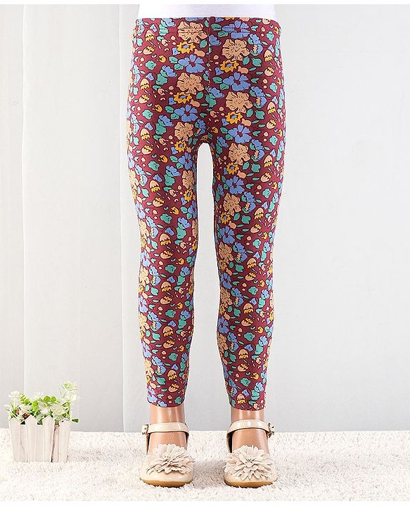 Babyhug Cotton Elastic Knit Full Length Leggings Floral Print - Maroon