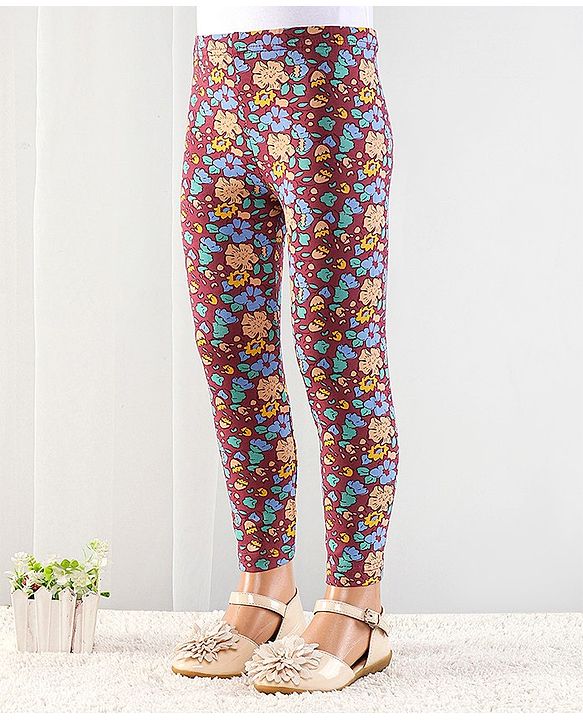 Babyhug Cotton Elastic Knit Full Length Leggings Floral Print - Maroon