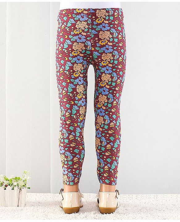 Babyhug Cotton Elastic Knit Full Length Leggings Floral Print - Maroon