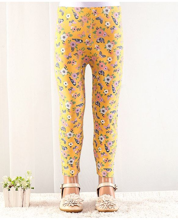 Babyhug Cotton Lycra Full Length Floral Printed Leggings - Yellow