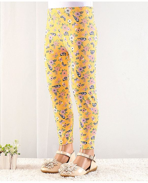 Babyhug Cotton Lycra Full Length Floral Printed Leggings - Yellow