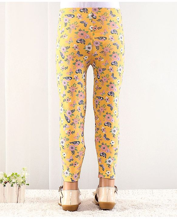 Babyhug Cotton Lycra Full Length Floral Printed Leggings - Yellow