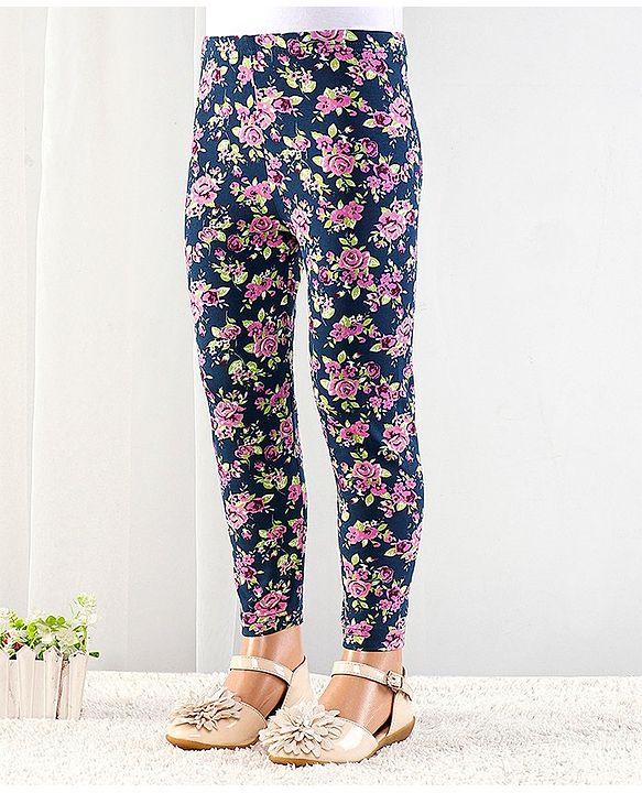 Babyhug Cotton Lycra Full Length Floral Printed Leggings - Navy Blue