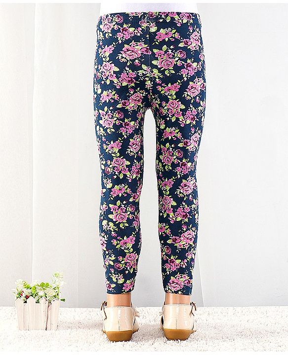 Babyhug Cotton Lycra Full Length Floral Printed Leggings - Navy Blue
