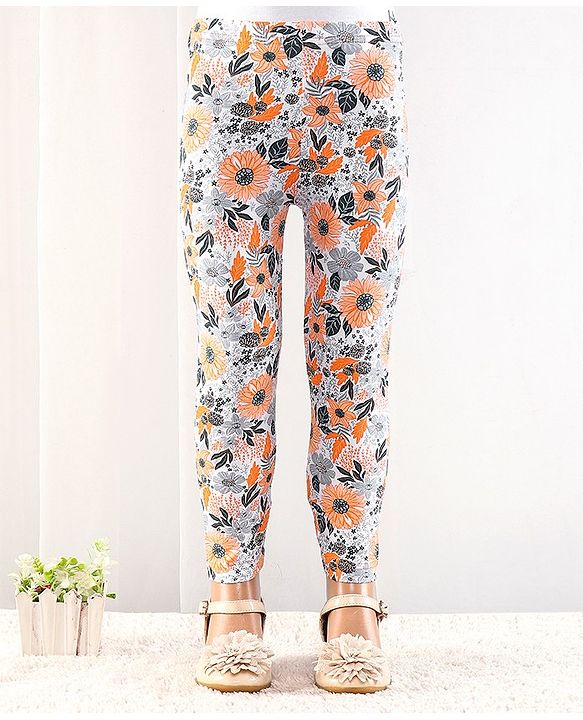 Babyhug Cotton Lycra Full Length Floral Printed Leggings - Grey