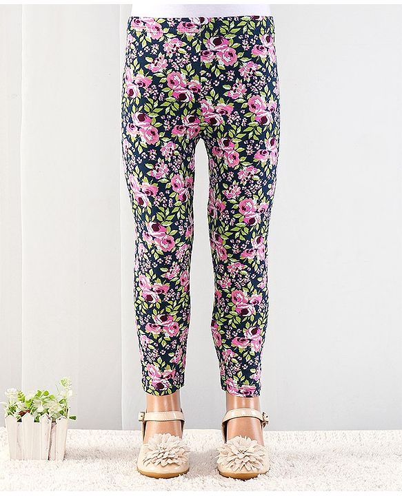 Babyhug Cotton Lycra Full Length Floral Printed Leggings - Navy Blue