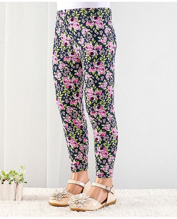 Babyhug Cotton Lycra Full Length Floral Printed Leggings - Navy Blue