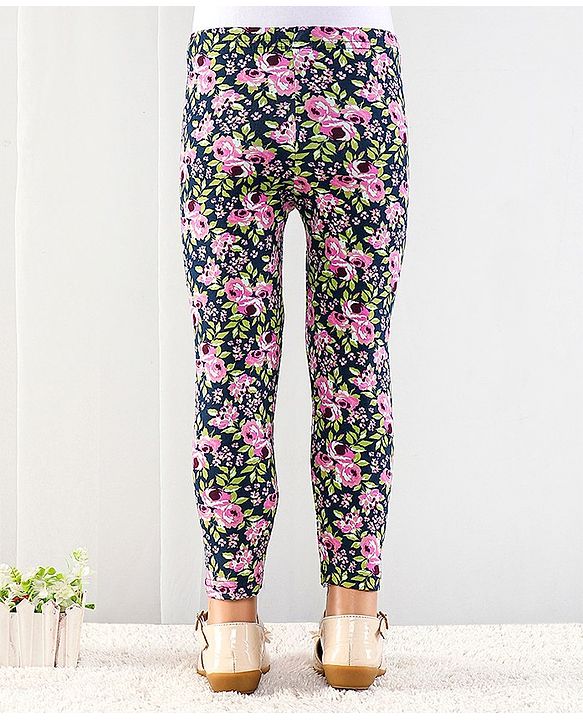 Babyhug Cotton Lycra Full Length Floral Printed Leggings - Navy Blue