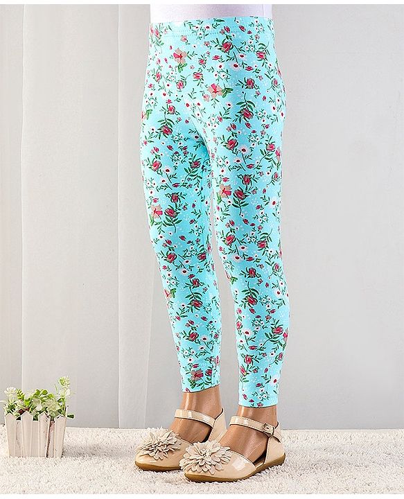 Babyhug Cotton Lycra Full Length Floral Printed Leggings With Stretch - Blue