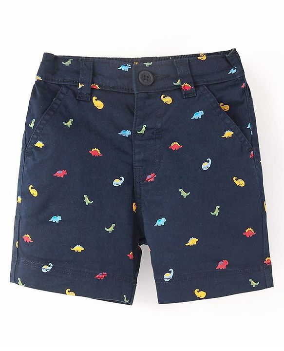 Babyhug Cotton Lycra Mid Thigh Length Shorts With Stretch Dino Print - Navy Blue