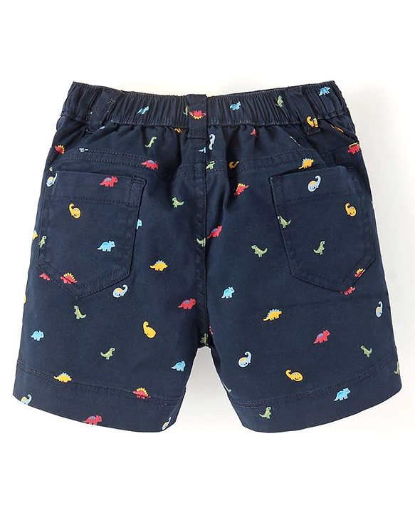 Babyhug Cotton Lycra Mid Thigh Length Shorts With Stretch Dino Print - Navy Blue