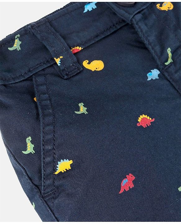 Babyhug Cotton Lycra Mid Thigh Length Shorts With Stretch Dino Print - Navy Blue