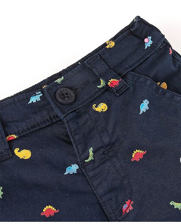 Babyhug Cotton Lycra Mid Thigh Length Shorts With Stretch Dino Print - Navy Blue