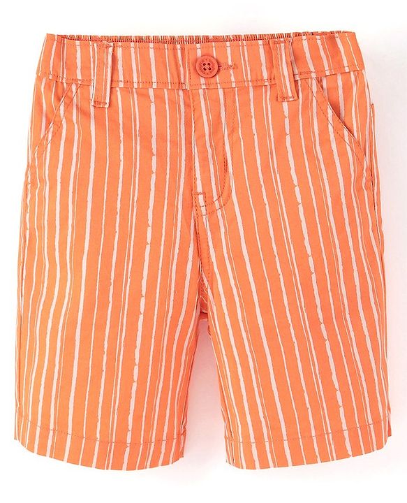 Babyhug Cotton Lycra Above Knee Length Striped Barmuda With Stretch - Orange