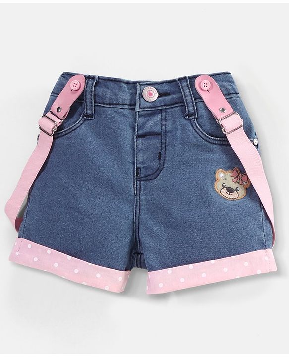 Babyhug Cotton Above Knee Length Washed Denim Stretchable Shorts Teddy Patch - Blue
