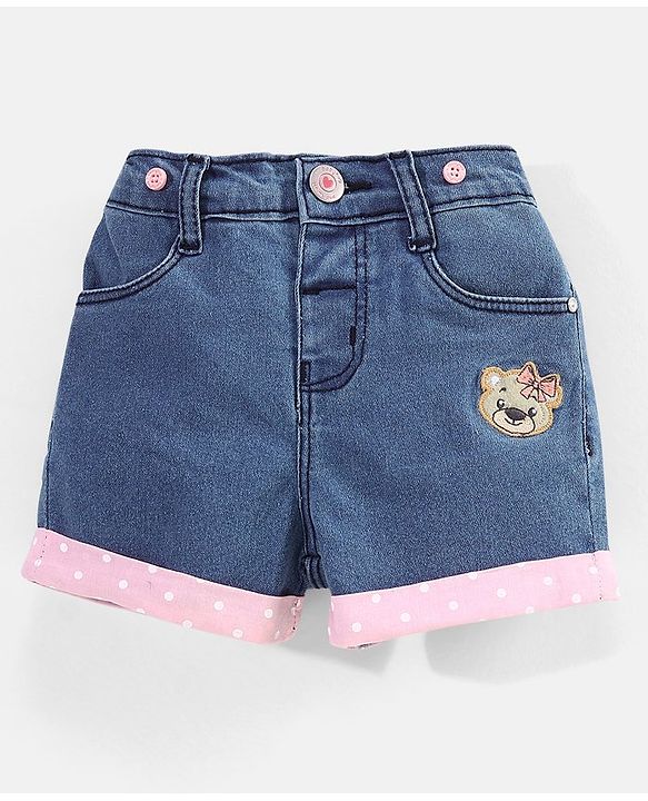 Babyhug Cotton Above Knee Length Washed Denim Stretchable Shorts Teddy Patch - Blue