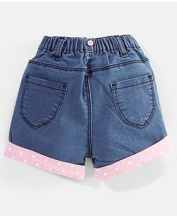 Babyhug Cotton Above Knee Length Washed Denim Stretchable Shorts Teddy Patch - Blue