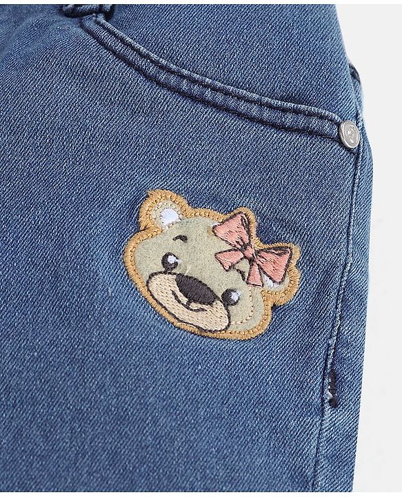 Babyhug Cotton Above Knee Length Washed Denim Stretchable Shorts Teddy Patch - Blue