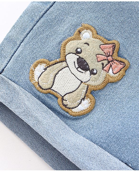 Babyhug Cotton Stretched Mid Thigh Length Teddy Patch Shorts  - Blue