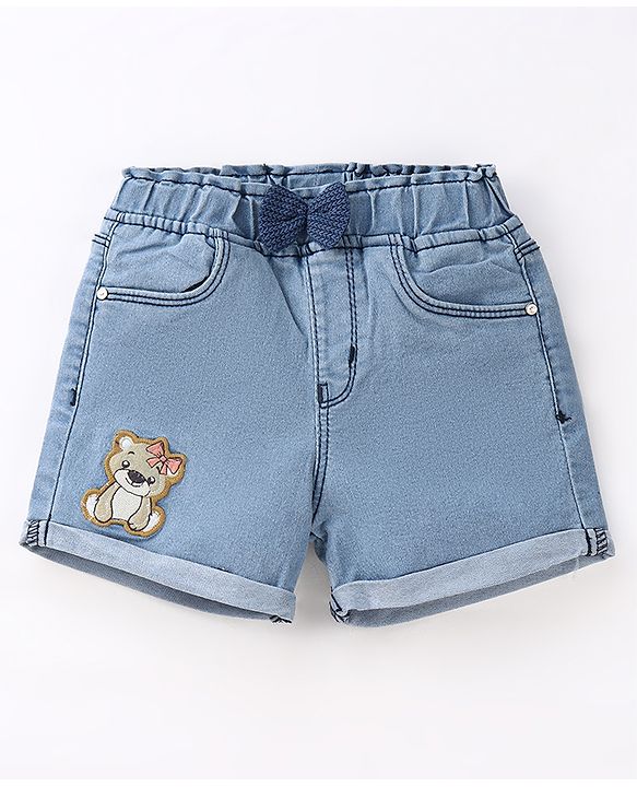 Babyhug Cotton Stretched Mid Thigh Length Teddy Patch Shorts  - Blue