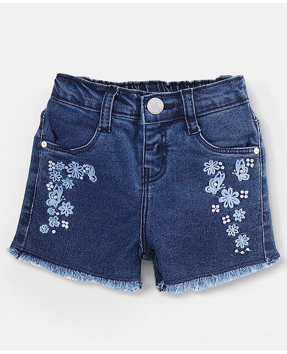 Babyhug Cotton Above Knee Length Washed Denim Stretchable Shorts Floral Embroidered - Blue