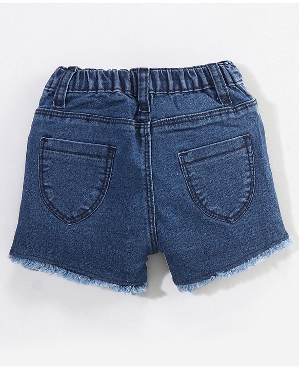 Babyhug Cotton Above Knee Length Washed Denim Stretchable Shorts Floral Embroidered - Blue